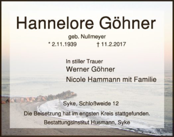 Traueranzeige von Hannelore Göhner von SYK