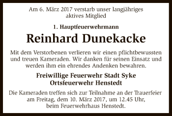 Traueranzeige von Reinhard Dunekacke von SYK