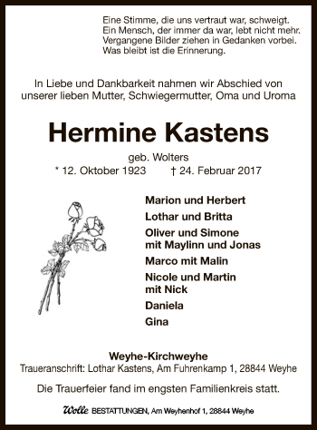 Traueranzeige von Hermine Kastens von SYK