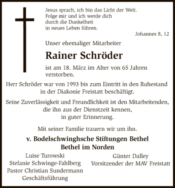 Traueranzeige von Rainer Schröder von SYK