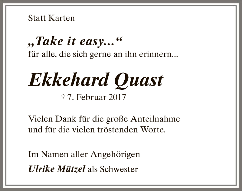  Traueranzeige für Ekkehard Quast vom 24.03.2017 aus SYK