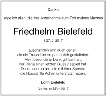 Traueranzeige von Friedhelm Bielefeld von SYK