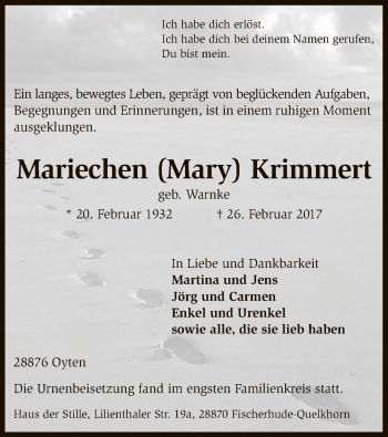 Traueranzeige von Mariechen  Krimmert von SYK