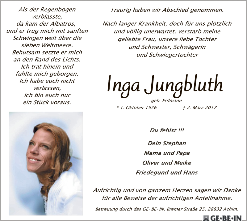  Traueranzeige für Inga Jungbluth vom 25.03.2017 aus SYK