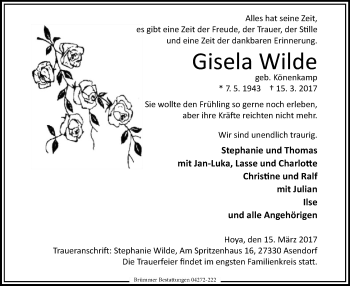 Traueranzeige von Gisela Wilde von SYK