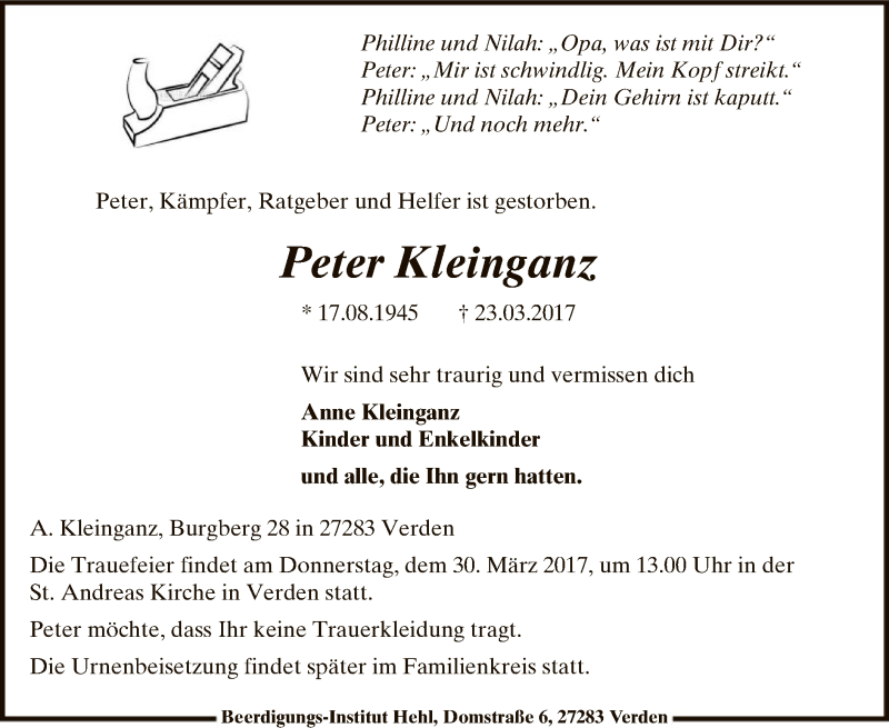  Traueranzeige für Peter Kleinganz vom 25.03.2017 aus SYK