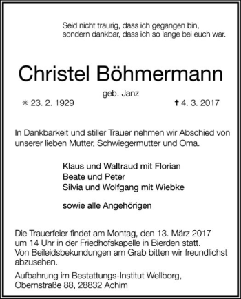 Traueranzeige von Christel Böhmenmann von SYK