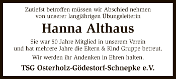 Traueranzeige von Hanna Althaus von SYK