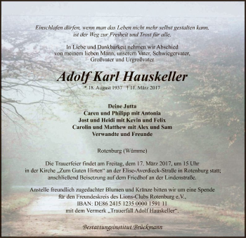 Traueranzeige von Adolf Karl Hauskeller von SYK