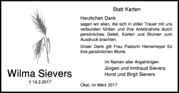 Traueranzeige von Wilma Sievers von SYK