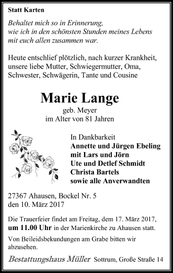 Traueranzeige von Marie Lange von SYK