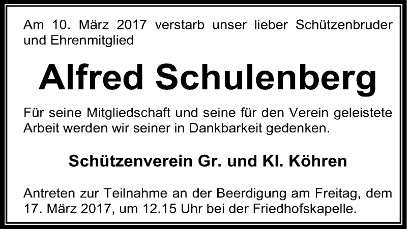  Traueranzeige für Alfred Schulenberg vom 13.03.2017 aus SYK