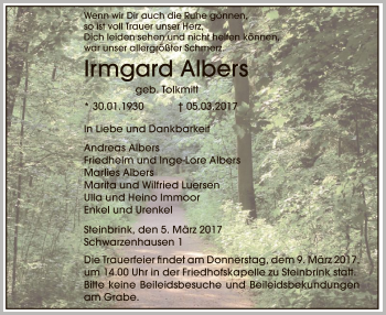 Traueranzeige von Irmgard Albers von SYK