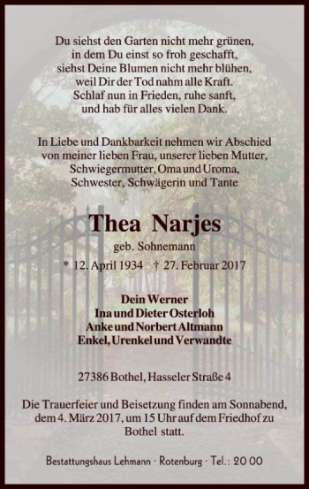 Traueranzeige von Thea Narjes von SYK