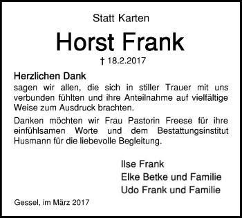 Traueranzeige von Horst Frank von SYK