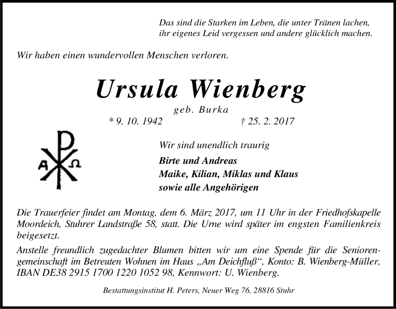  Traueranzeige für Ursula Wienberg vom 02.03.2017 aus SYK