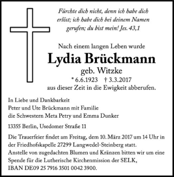 Traueranzeige von Lydia Brückmann von SYK