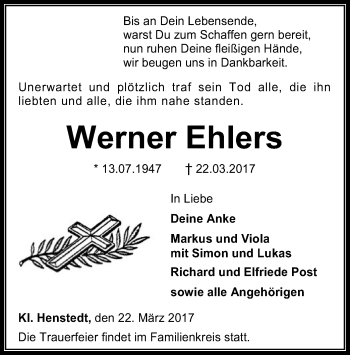 Traueranzeige von Werner Ehlers von SYK