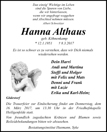 Traueranzeige von Hanna Althaus von SYK