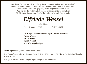 Traueranzeige von Elfriede Wessel von SYK