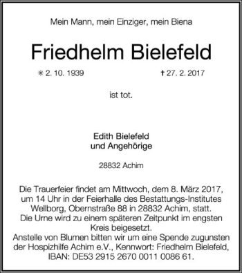 Traueranzeige von Friedhelm Bielefeld von SYK