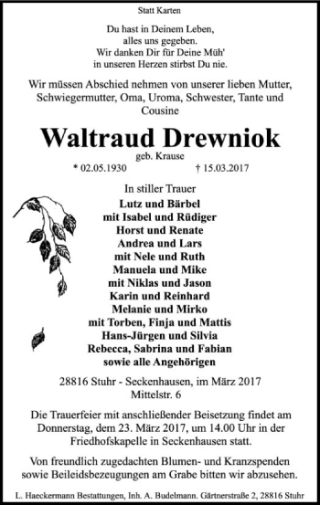 Traueranzeige von Waltraud Drewniok von SYK