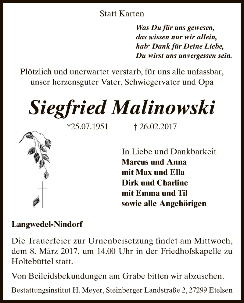  Traueranzeige für Siegfried Malinowski vom 04.03.2017 aus SYK