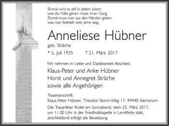 Traueranzeige von Anneliese Hübner von SYK