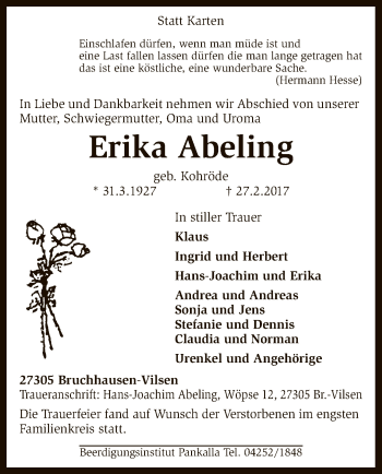Traueranzeige von Erika Abeling von SYK