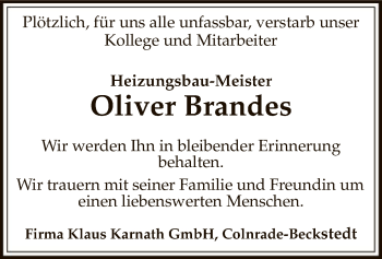 Traueranzeige von Oliver Brandes von SYK