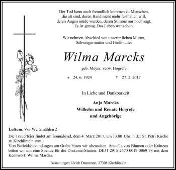 Traueranzeige von Wilma Marcks von SYK