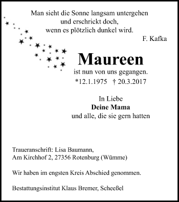 Traueranzeige von Maureen  von SYK