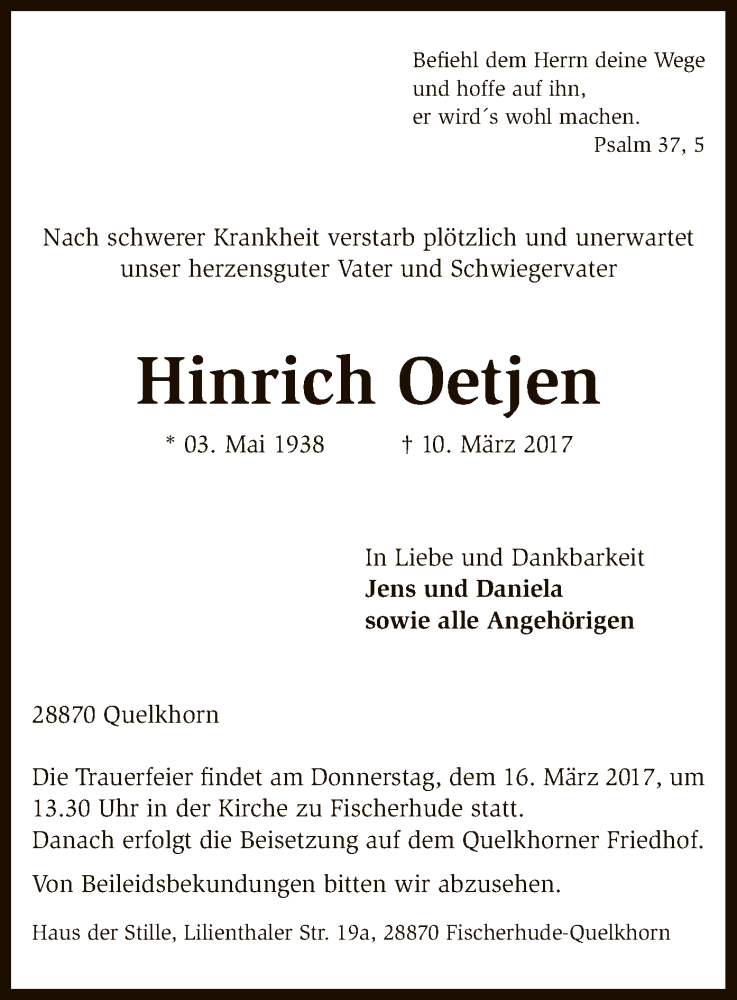  Traueranzeige für Hinrich Oetjen vom 14.03.2017 aus SYK