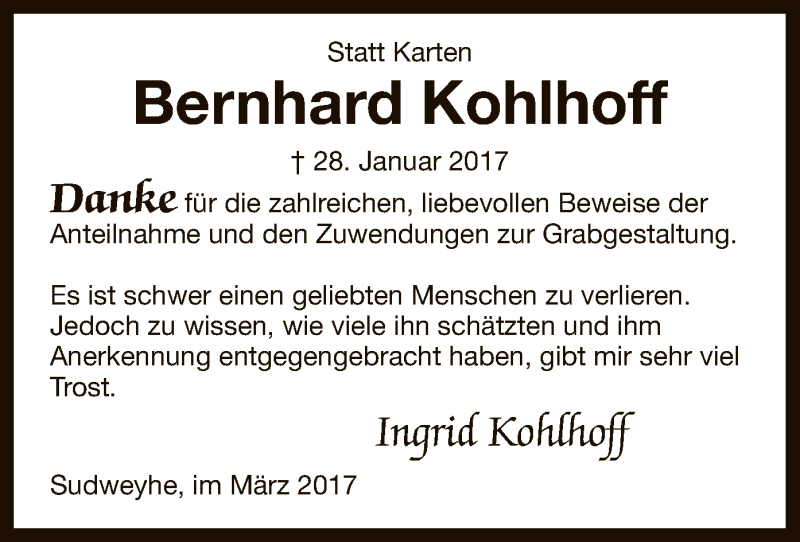  Traueranzeige für Bernhard Kohlhoff vom 11.03.2017 aus SYK