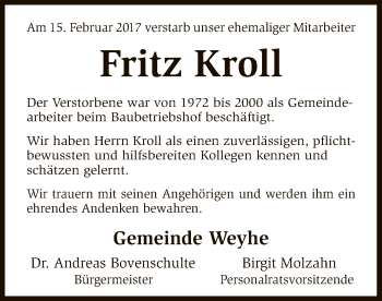 Traueranzeige von Fritz Kroll von SYK