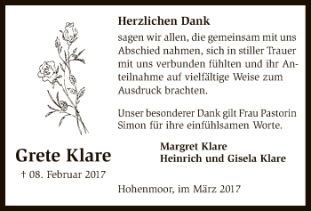 Traueranzeige von Grete Klare von SYK