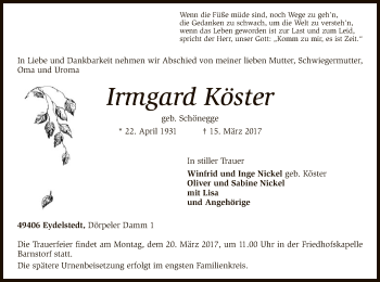 Traueranzeige von Irmgard Köster von SYK