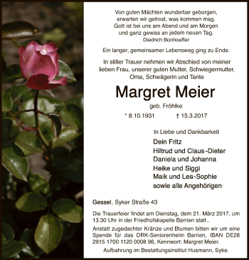 Traueranzeige von Margret Meier von SYK