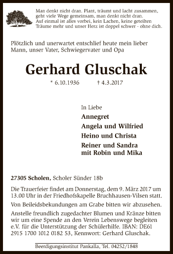 Traueranzeige von Gerhard Gluschak von SYK