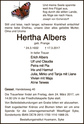 Traueranzeige von Hertha Albers von SYK