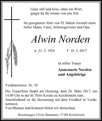 Traueranzeige von Alwin Norden von SYK