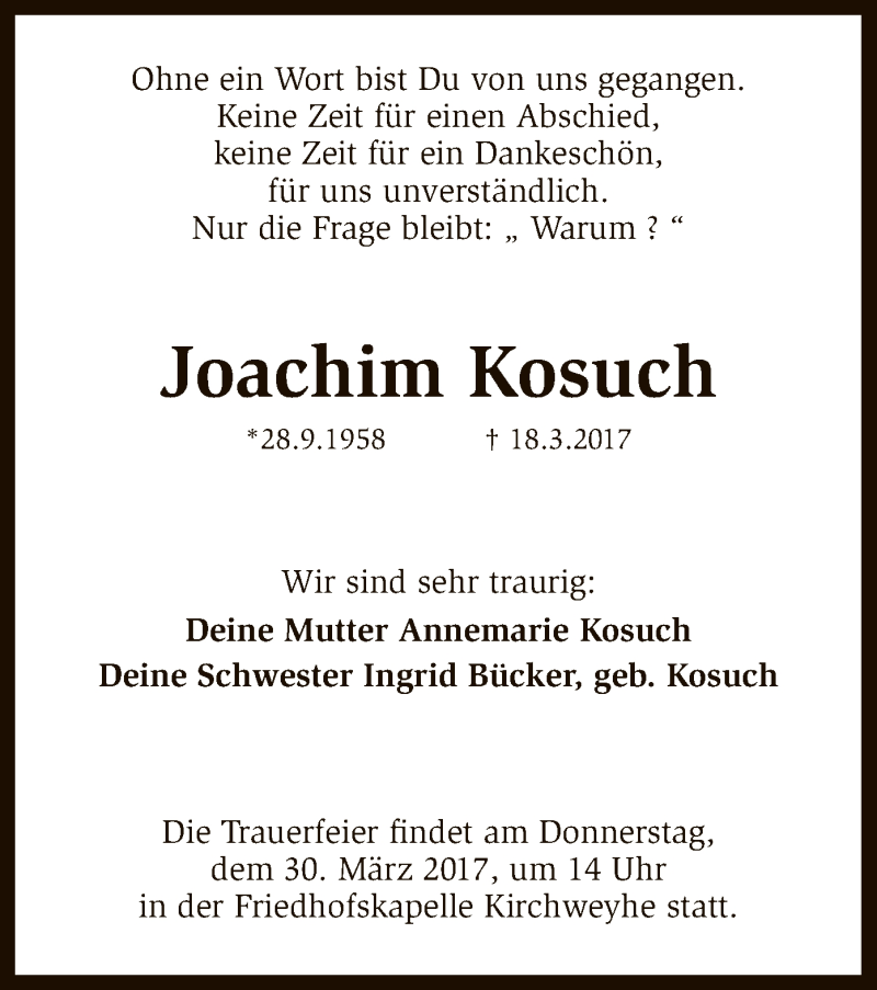  Traueranzeige für Joachim Kosuch vom 29.03.2017 aus SYK