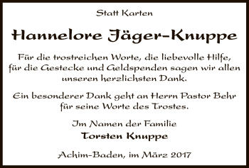 Traueranzeige von Hannelore Jäger-Knuppe von SYK