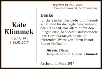 Traueranzeige von Käte Klimmek von SYK