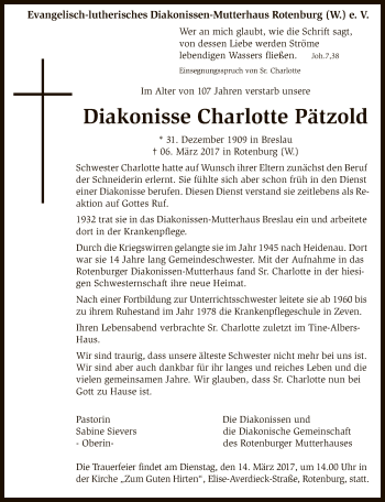 Traueranzeige von Charlotte Pätzold von SYK