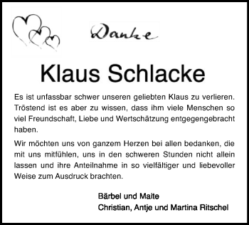 Traueranzeige von Klaus Schlacke von SYK