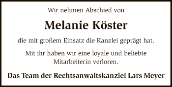 Traueranzeige von Melanie Köster von SYK