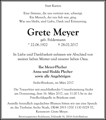 Traueranzeige von Grete Meyer von SYK