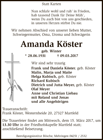 Traueranzeige von Amanda Köster von SYK