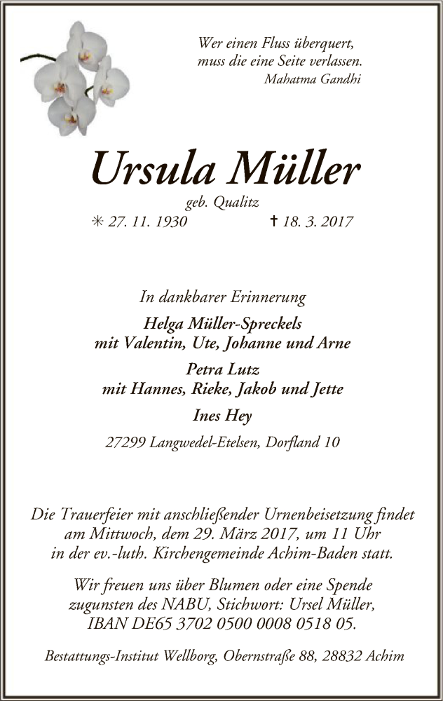  Traueranzeige für Ursula Müller vom 25.03.2017 aus SYK